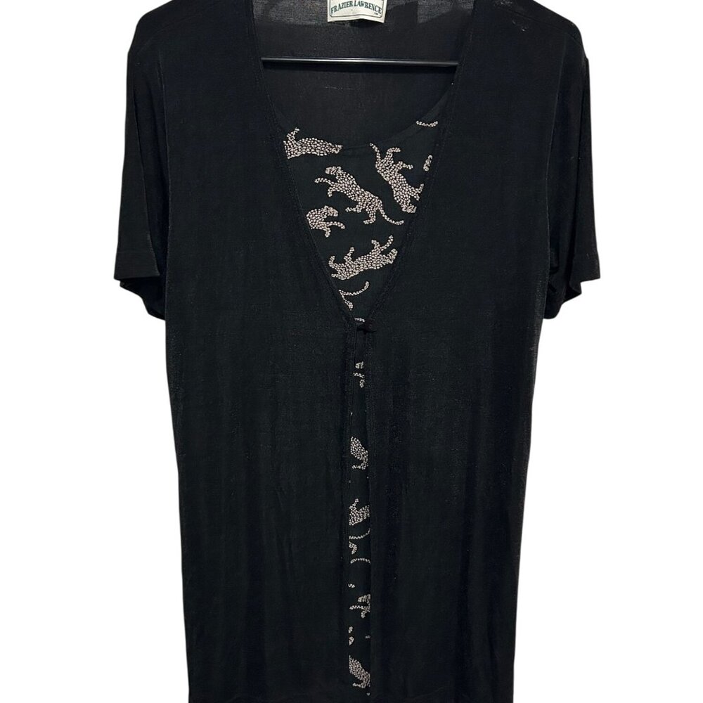 Frazier Lawrence Womens Black Sheer Cardigan Animal Print Top Statement